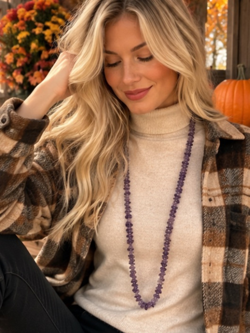 36” Amethyst Gemstone Chip Necklace Long Purple Natural Stone Boho
